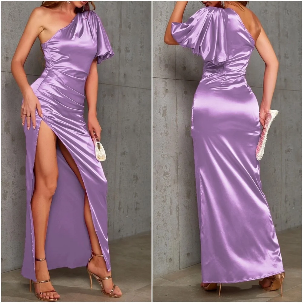 Luxe Satin One shoulder Evening Formal Black Tie Wedding Dress - Picture 6 of 9